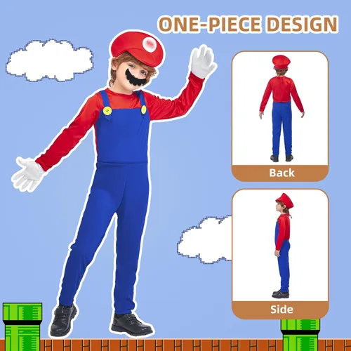 Vista 4 de Estavucci Mario Costume for Kids Plumber Costume Boys Halloween Cosplay Jumpsuit with Accessory
