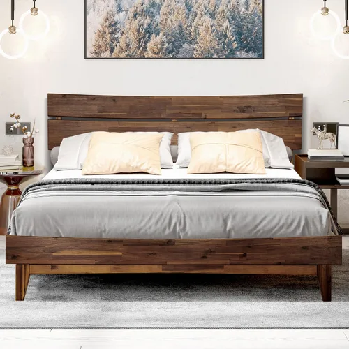 Vista 13 de Acacia Aurora - Marco de cama con cabecero, cama de plataforma de madera 100% maciza, estilo de cama escandinavo con todos los colchones Caramelo