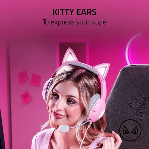 Vista 2 de Razer Kraken Kitty V2 Auriculares USB con cable orejas de gatito RGB Chroma - Iluminación reactiva de transmisión - Micrófono cardioide HyperClear