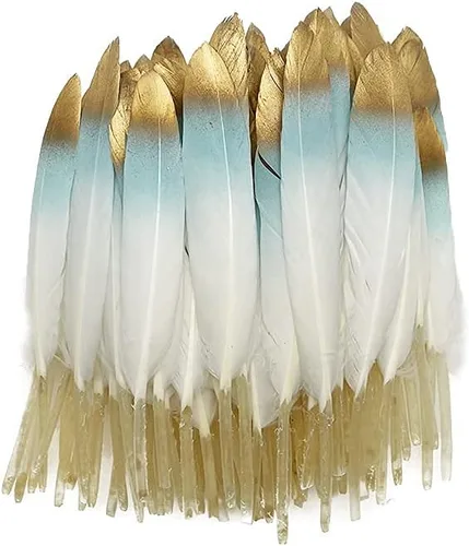Vista 8 de LONDGEN 50 plumas de ganso naturales de 4 a 6 pulgadas para manualidades, boda, hogar, fiesta, decoración de plumas doradas y cajas de regalo Dorado