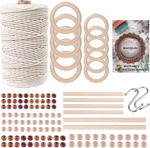 Vista 10 de 120 kits de macramé para principiantes de 0.118 pulgadas x 109 yardas, cordón de macramé de algodón natural con cuentas y anillos de madera, palos