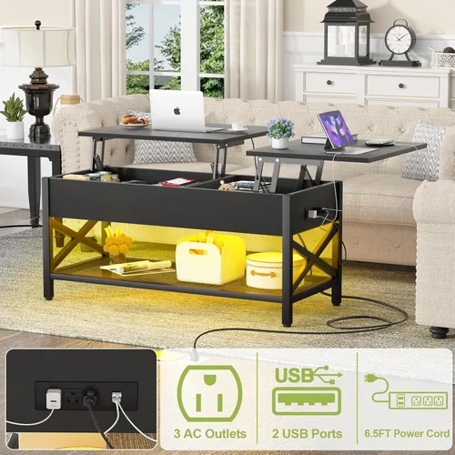 Vista 5 de Aheaplus Mesa de Centro Elevable Negra con Luz LED, Tomas de Corriente y Estante de Almacenamiento, 41.7"An x 19.69"L x 19.7"Al