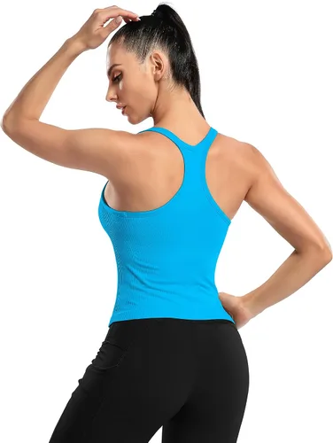 Vista 119 de ATTRACO Camiseta corta acanalada de entrenamiento para mujer con brasier integrado para yoga, espalda cruzada, ajuste ajustado