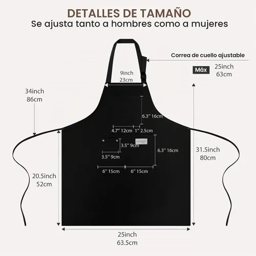 Vista 4 de Delantales de chef de algodón para hombres y mujeres, bolsillos grandes, material de lona Negro