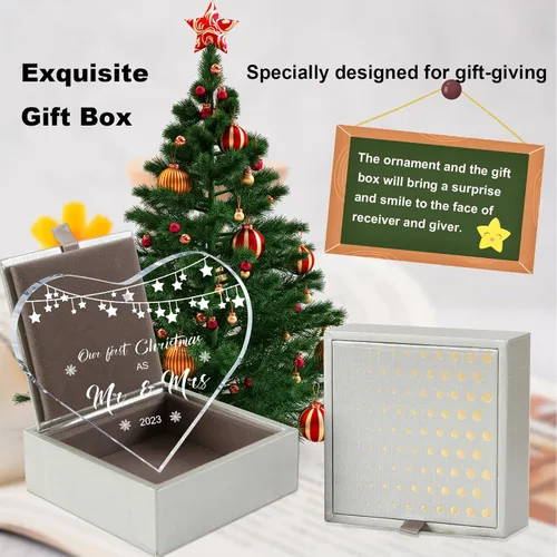 Vista 2 de Regalos de boda para parejas, adorno único para la primera Navidad casada, cristal de corazón con caja de regalo, regalos de señor y señora, regalos
