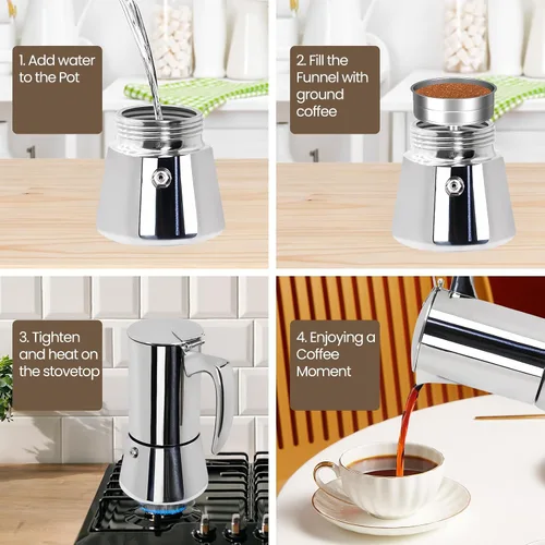 Vista 9 de Olla de café espresso italiano de acero inoxidable 304 de 2 tazas de 3.5 onzas líquidas, cafetera para estufa, cafetera de moca, para estufa