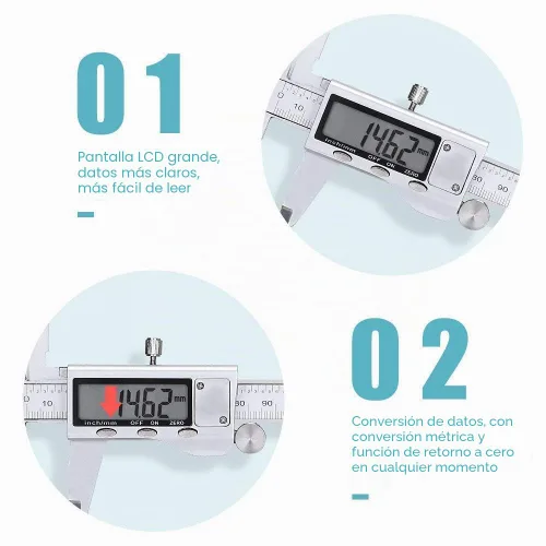 Vista 3 de Herramienta de medición de calibrador digital, micrómetro digital de calibre Vernier de acero inoxidable con pantalla LCD grande, herramienta
