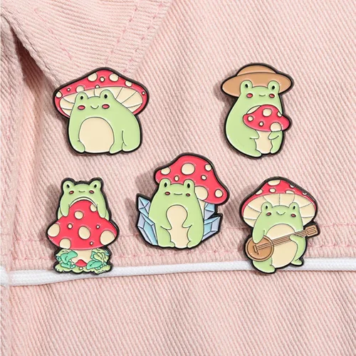 Vista 5 de Snappy - Juego de pines esmaltados de rana con diseño de animales para mujeres, hombres y niños, diseño de hongos de dibujos animados, insignias