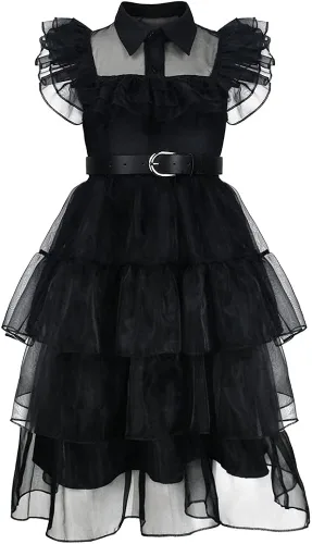 Vista 2 de Wednesday Addams - Vestido de Halloween para niñas con collar y bolsa de hombro, vestido de fiesta de cosplay de la familia Addams