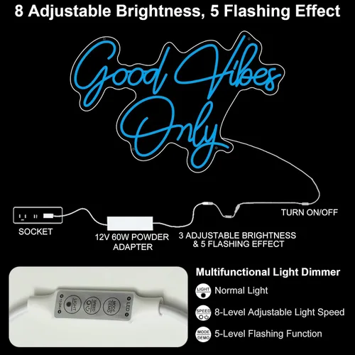 Vista 5 de Letrero de neón con texto en inglés "Good Vibes Only", letreros LED de neón grandes para decoración de pared, letrero de neón personalizado para GV