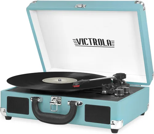 Vista 12 de VictrolaJugador de registro portátil de la maleta de Bluetooth de 3 velocidades de la vendimia con altavoces incorporados Built-in stereo