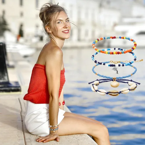 Vista 3 de Pulseras de playa boho surfistas, tobilleras ajustables con cuentas, pulseras trenzadas hippies hechas a mano, impermeables, pulseras de cuerda