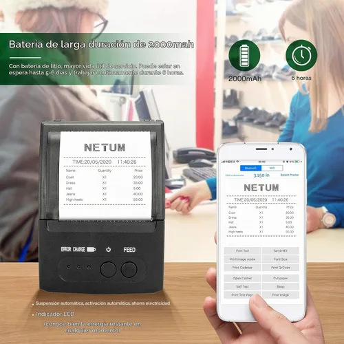 Vista 5 de NETUM Impresora de Recibos Bluetooth, Impresora Mini Térmica Portátil de 58mm POS, Compatible con Android/Windows