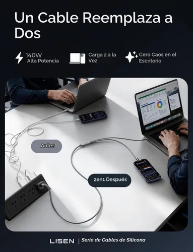 Vista 2 de LISEN Divisor USB C 1 en 2 de carga de salida, 140 W Max Dual USB C a USB C