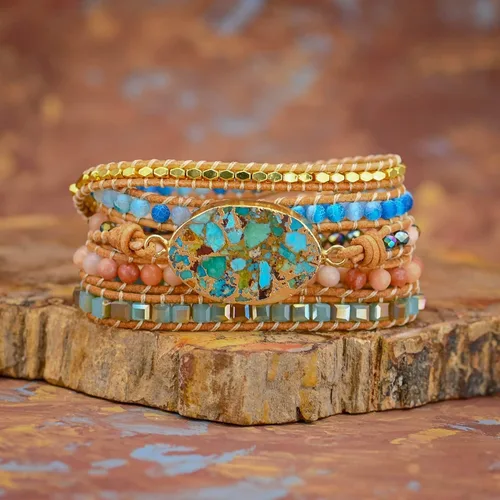 Vista 4 de TEEPOLLO Pulseras bohemias hechas a mano de jaspe, turquesa, amatista, bohemias, para mujeres, curativas, cuentas de piedra natural, colección