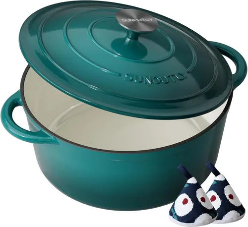 Vista 10 de Horno holandés de hierro fundido esmaltado, olla de 7.5 cuartos de galón con tapa y agarraderas de algodón, utensilios de cocina resistentes