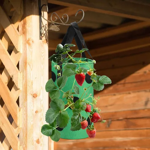 Vista 4 de Macetero de tomate al revés de 3 galones, maceta colgante de fresa, bolsas de cultivo de tela de aireación duradera para verduras
