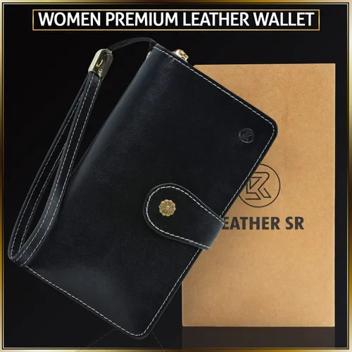Vista 6 de Leather SR Cartera de cuero de grano superior para mujer de gran capacidad con bloqueo RFID 24 ranuras para tarjetas 9 compartimentos