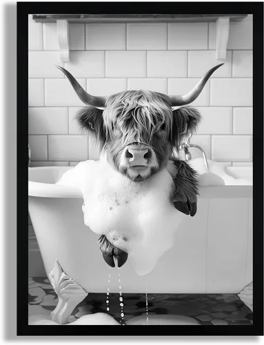 Vista 12 de SYWENNOI Arte de Pared en Lienzo Enmarcado en Blanco y Negro para Baño, Divertido Gato Negro Sentado en el Inodoro Leyendo Periódico Decoración