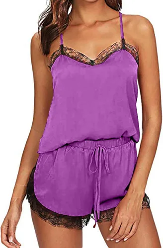 Vista 7 de Womens Two Piece Loungewear Sets Camisole Top With Elastic Shorts Teen Girls Summer Cooling Lace Trim Sleepwear