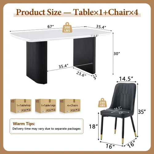 Vista 3 de Juego de mesa de comedor blanco Ebullient para 4, juego de mesa de comedor ovalada de mármol de 67' con 4 sillas de metal, parte superior de grano