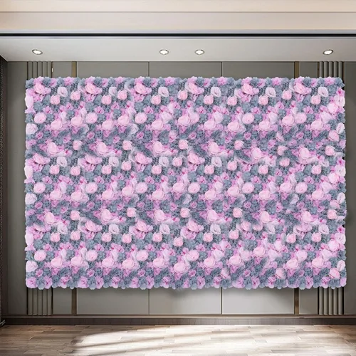 Vista 5 de OUKANING Paquete de 6 paneles de pared de flores de seda con rosas de seda, telón de fondo de pared de flores artificiales para interiores y Morado