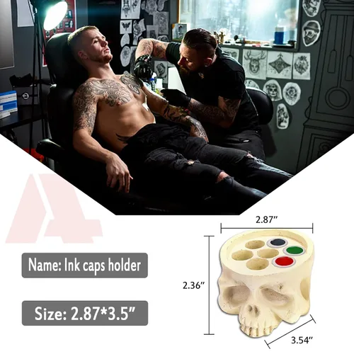 Vista 4 de 1 portavasos, 7 agujeros, tinta de tatuaje, resina dura de calavera y 100 tapas de tinta grandes #15, soporte de tinta para tatuaje, artista