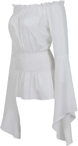 Vista 2 de Blusa de manga larga para mujer, con hombros descubiertos, estilo renacentista, pirata, gótica, campesina, blusa bohemia fruncida de verano