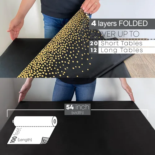 Vista 6 de Dos juegos de 225 piezas de vajilla de plástico desechables con borde dorado + rollo de mantel de plástico, mantel impermeable de 54 pulgadas x 108