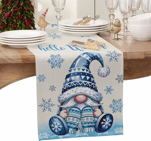 Vista 4 de Camino de mesa de gnomos de Navidad de 36 pulgadas de largo, algodón y lino, bufandas de arpillera, cocina, cena, cafetería, decoración de mesa