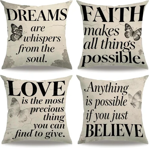 Vista 9 de Paquete de 4 fundas de almohada con citas familiares, rústicas para el hogar, palabras de amor, corazón, país, fundas de cojín con citas Negro