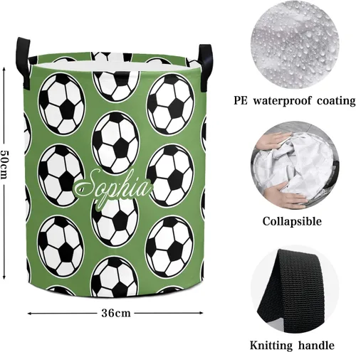 Vista 5 de Cesta de lavandería grande verde fútbol con nombre personalizado, bolsa de ropa plegable, cesta de tela plegable para regalo, 19.69 pulgadas