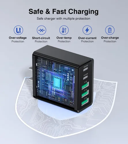 Vista 5 de [Paquete de 2] Cargador de pared USB C, bloque de cargador USB C de 50 W, bloques de carga rápida PD de 5 puertos, 2USB C + 3USB A enchufe