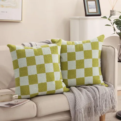 Vista 10 de Alysheer Fundas de almohada decorativas bordadas a cuadros 18"x 18", juego de 2, fundas de almohada de algodón con patrón tuftado de cuadros