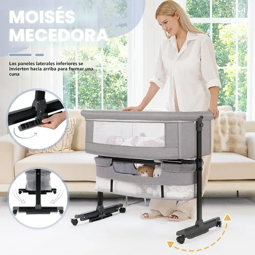 Vista 3 de Semphis Cuna para bebé, cuna 3 en 1, cama de noche de altura ajustable con modo mecedor, malla transpirable, cesta de almacenamiento, ruedas, fácil
