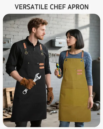 Vista 7 de Syntus Delantal de chef para hombres y mujeres, delantal de cocina con bolsillos, delantales ajustables resistentes a las manchas, 1 paquete, marrón