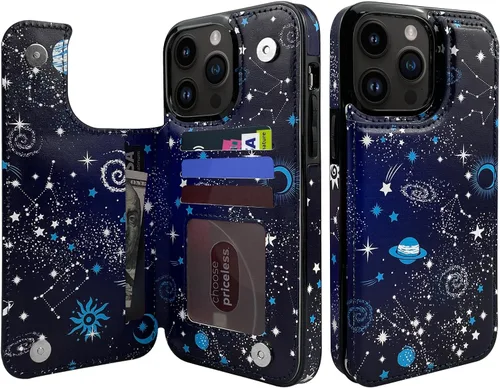 Vista 14 de Funda tipo cartera de piel con tapa compatible con iPhone 13 Pro Max de 6.7 pulgadas, para mujeres y niñas con tarjetero y doble cierre magnético