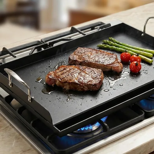 Vista 6 de Parrilla de hierro fundido de 25 x 16 pulgadas para parrilla de gas con kit de herramientas de plancha de silicona, parrilla pre-sazonada