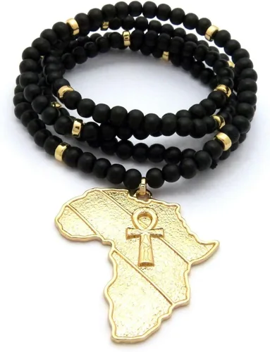 Vista 2 de Mens egipcio Ankh Cruz Africa Map Power Puño Oro Colgante 6mm 30" Bead Collar de madera