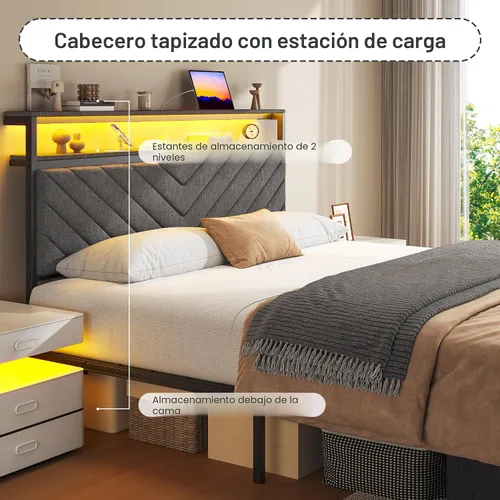 Vista 3 de Fluest Base de cama Queen con 2 cajones, cabecera tapizada con estación de almacenamiento y carga, luces LED, cajones de tela con ruedas, Gris