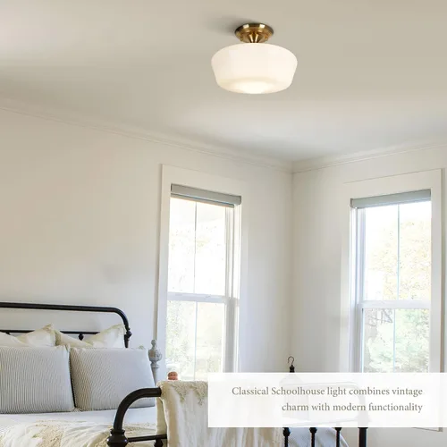 Vista 5 de Lámpara de techo estilo casa escolar semiempotrada con bombilla regulable y control remoto, lámpara de techo moderna dorada de 12" con pantalla