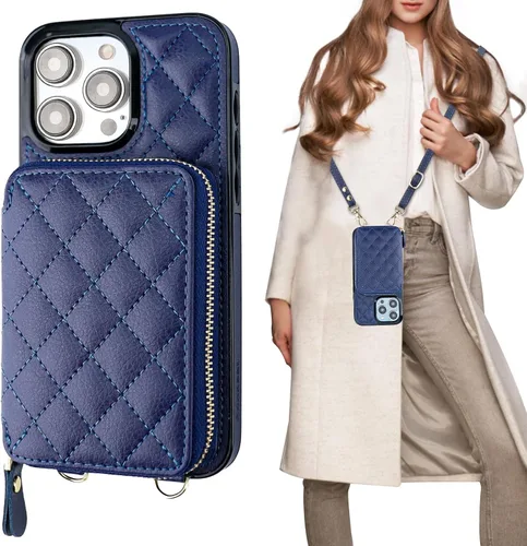 Vista 12 de Bocasal Funda tipo cartera cruzada para iPhone 15 Pro Max, con bloqueo RFID, de piel sintética, con cremallera, funda tipo cartera con función atril