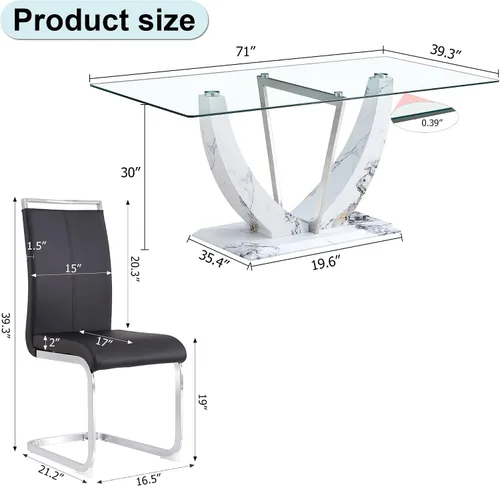 Vista 2 de JUFU Juego de mesa de comedor de cristal de 71 pulgadas para 6, juego de mesa de comedor moderno con base de textura de mármol sintético blanco