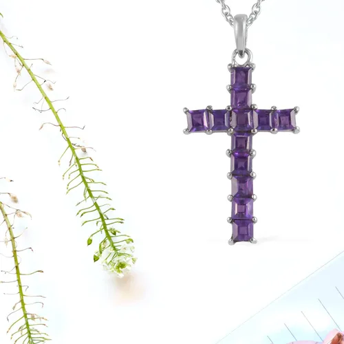 Vista 8 de Shop LC - Collar con colgante de cruz de amatista púrpura para mujeres y hombres, joyería religiosa, cadena de acero inoxidable, tamaño 20 pulgadas