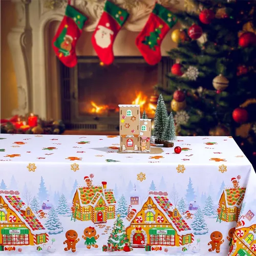 Vista 7 de Tiamon - Mantel de Navidad de jengibre de 52 x 70 pulgadas, mantel reutilizable de hombre de jengibre, mantel de árbol de Navidad de poliéster