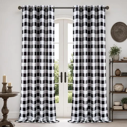 Vista 25 de Cortinas de cuadros de búfalo DriftAway a cuadros negro y blanco extralargas con tratamiento ojo de sargento para dormitorio y sala de estar