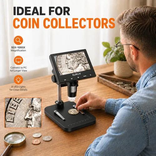 Vista 8 de Elikliv Microscopio para monedas, microscopio digital LCD de 4.3 pulgadas, 1000x, lupa de monedas con 8 luces LED ajustables, vista de PC compatible