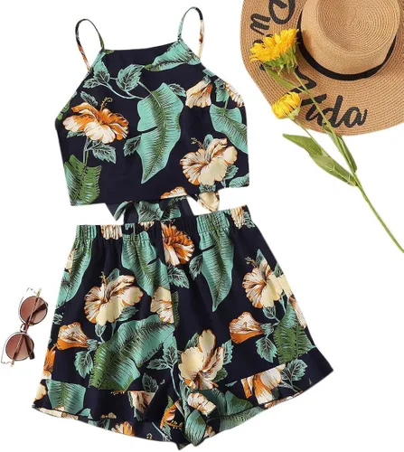 Vista 3 de MakeMeChic Traje de dos piezas para mujer camiseta corta de verano con pantalones cortos