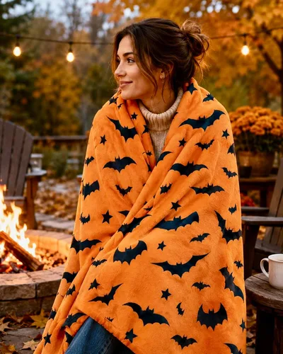 Vista 2 de Manta de forro polar de Halloween, murciélagos negros sobre fondo naranja, 50 x 70 pulgadas Ultra-soft cozy flannel fleece, for sofa couch bed