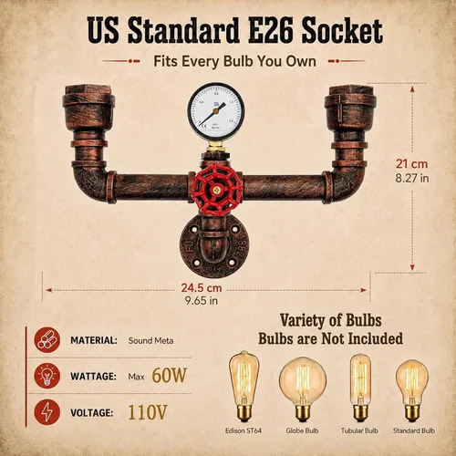Vista 2 de MQ Lámpara de pared de tubería de agua, accesorios Steampunk, 2 luces, montaje en pared, enchufe E26, lámpara de pared rústica vintage para baño